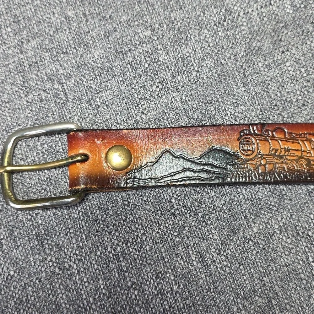 Vtg Train Western Tooled Leather Belt Mountain Buckle Steam Engines Tunnels